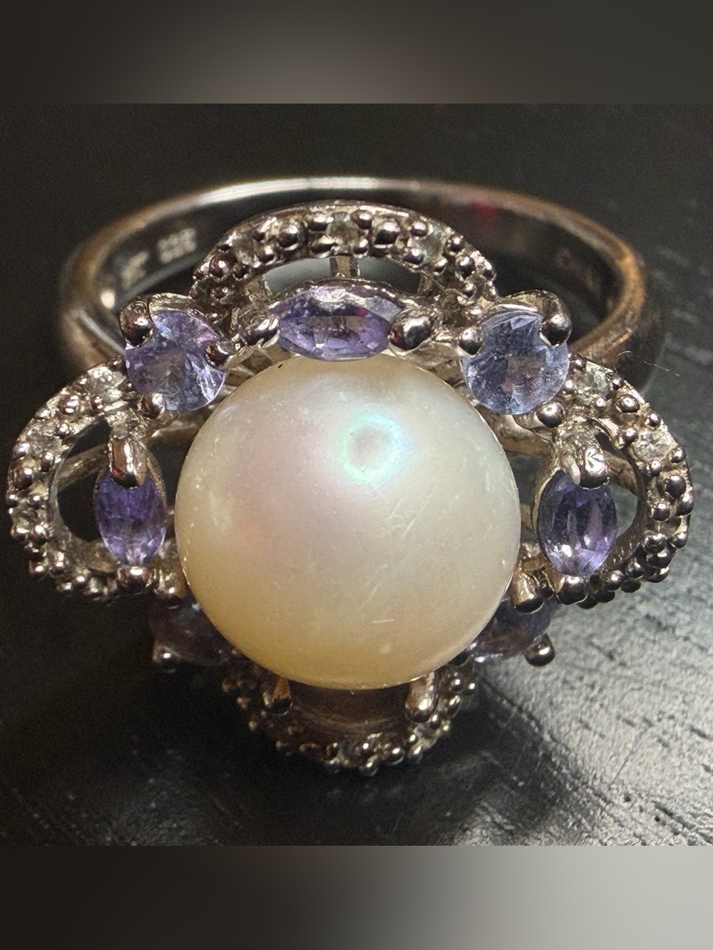 Signed HT Sterling Silver 925 Pearl Tanzanite Cluster Cocktail Ring Size 8
